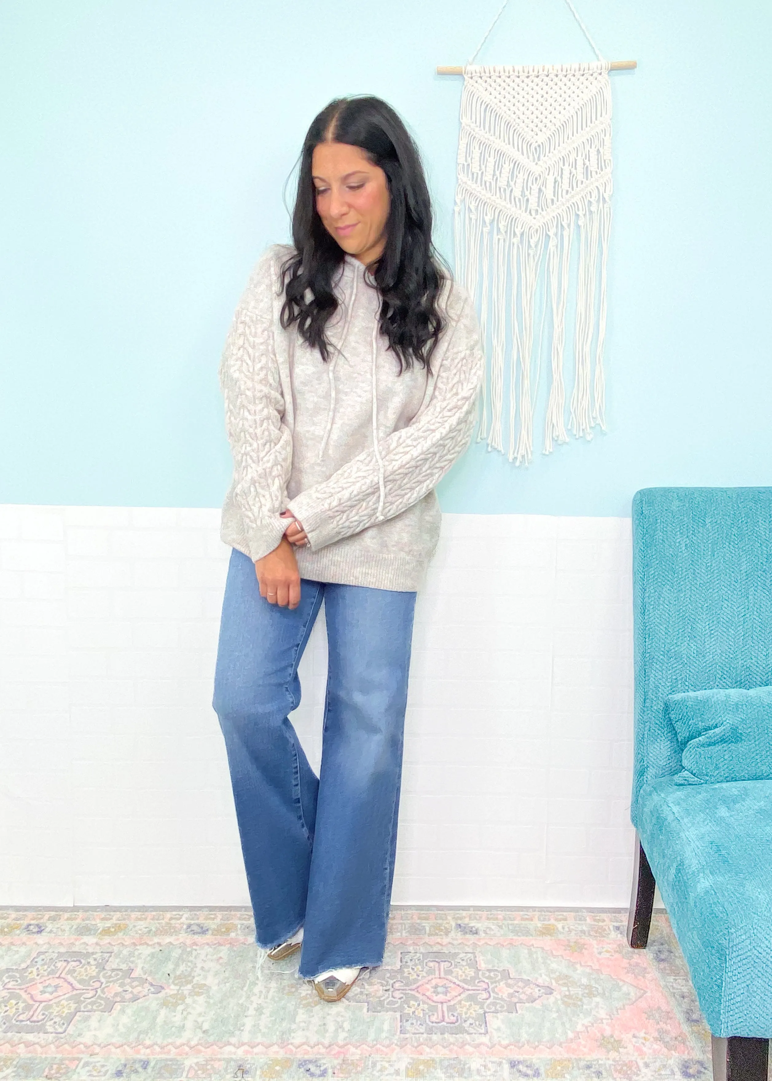 'Aria' Heather Gray with Marled Pink Cable Sleeve Sweater Hoodie