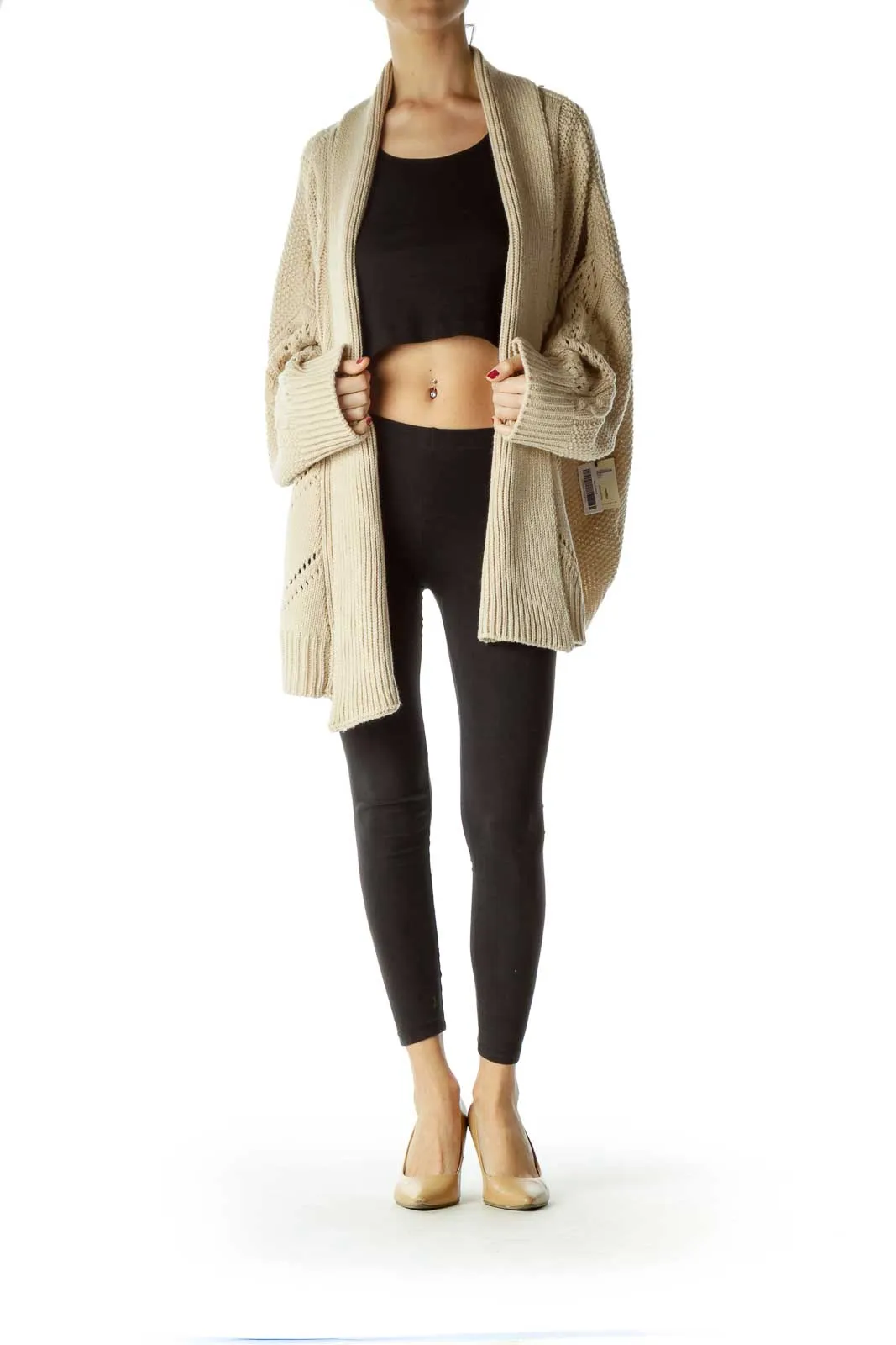 Beige Cable Knit Open Fron Sweater
