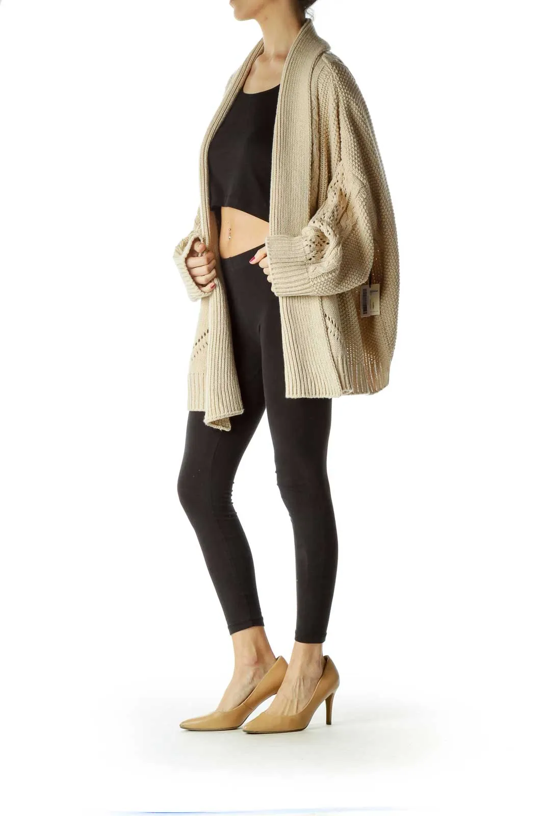 Beige Cable Knit Open Fron Sweater