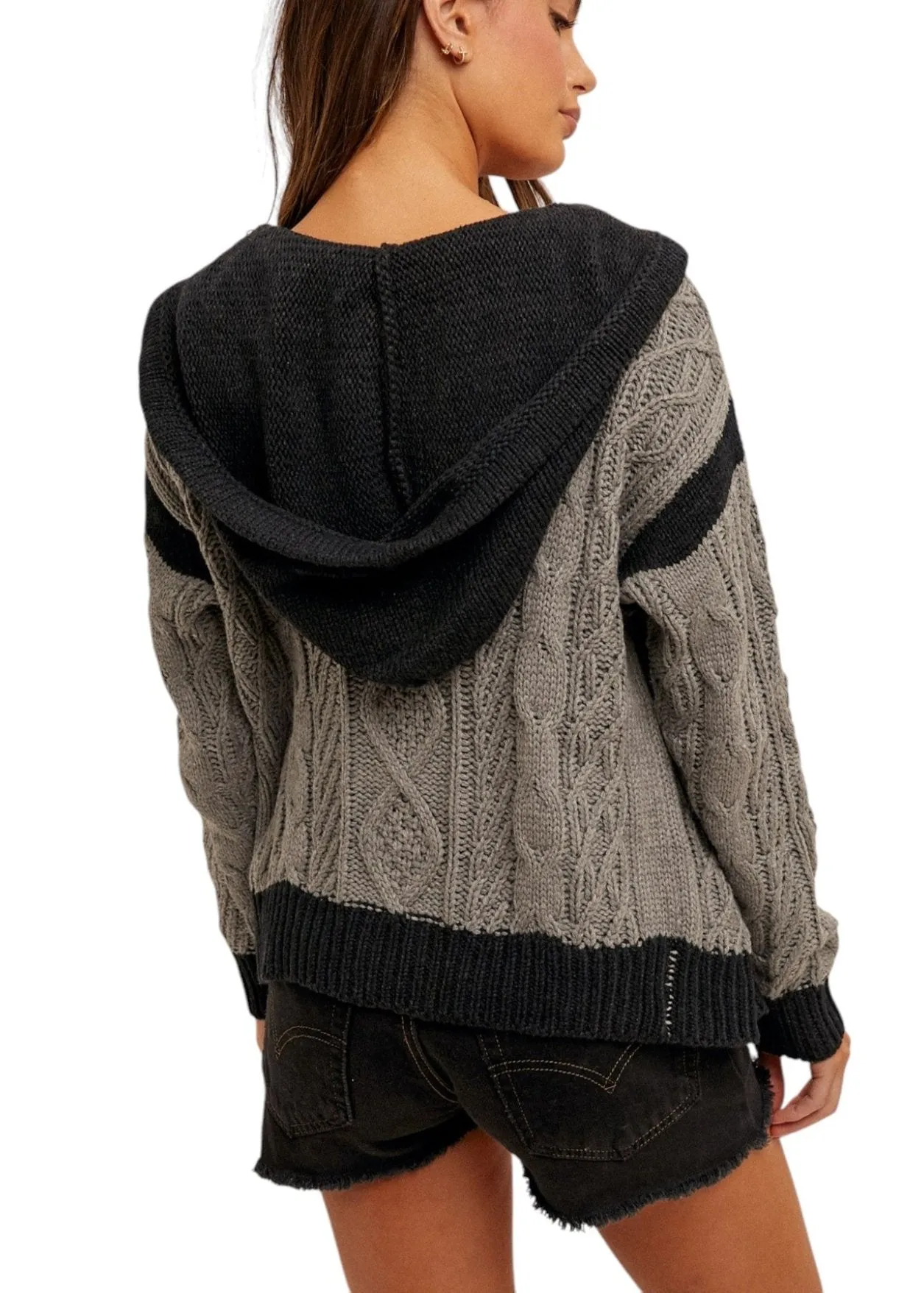 Black and Grey Color Block Cable Knit Hoodie