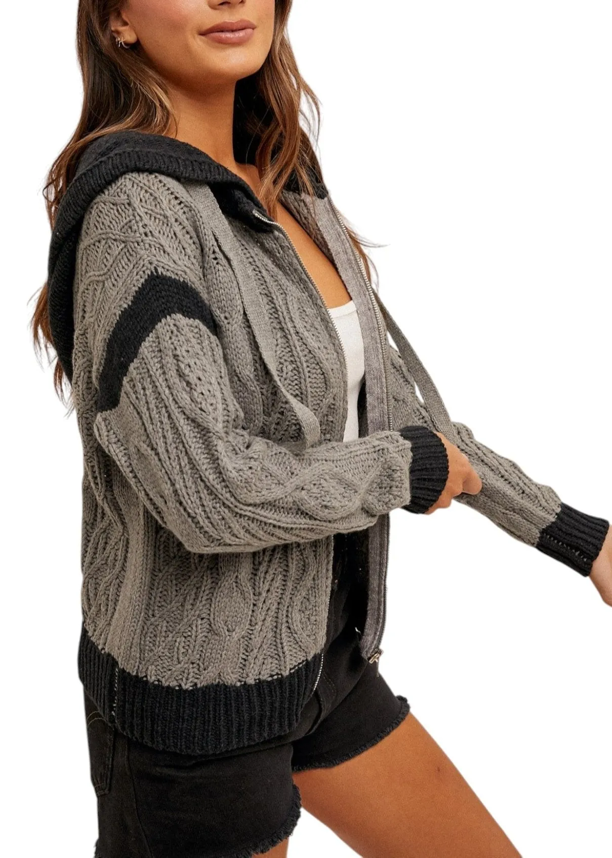 Black and Grey Color Block Cable Knit Hoodie