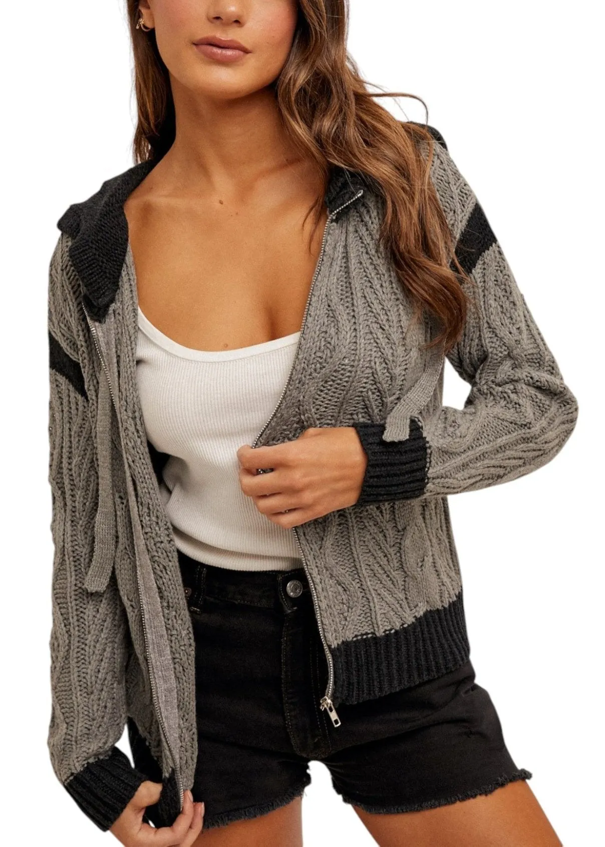 Black and Grey Color Block Cable Knit Hoodie