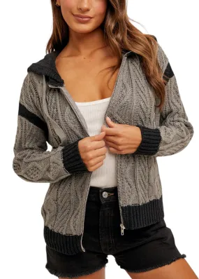 Black and Grey Color Block Cable Knit Hoodie