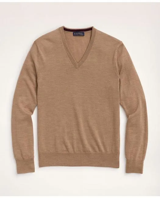 Brooks Brothers Men's Big & Tall Merino Wool V-Neck Sweater Camel
