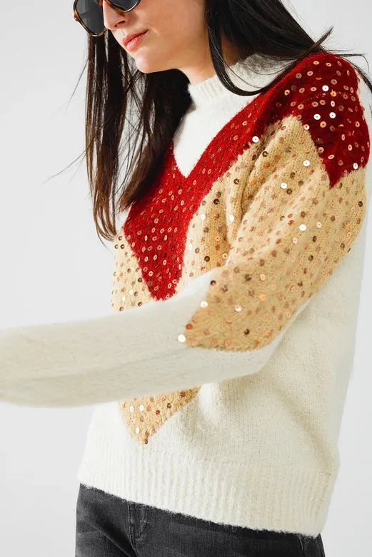 Burgundy and Beige Color Block Knit Sweater with Sequin Embellishment