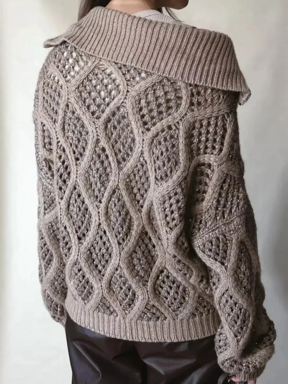 Cashmere Cable and Net Zip-Up Cardigan with Sequin Details