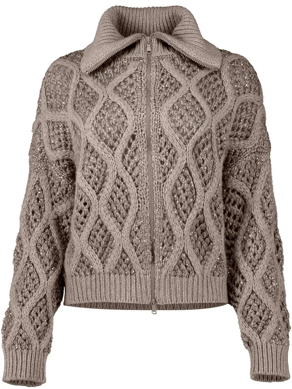Cashmere Cable and Net Zip-Up Cardigan with Sequin Details
