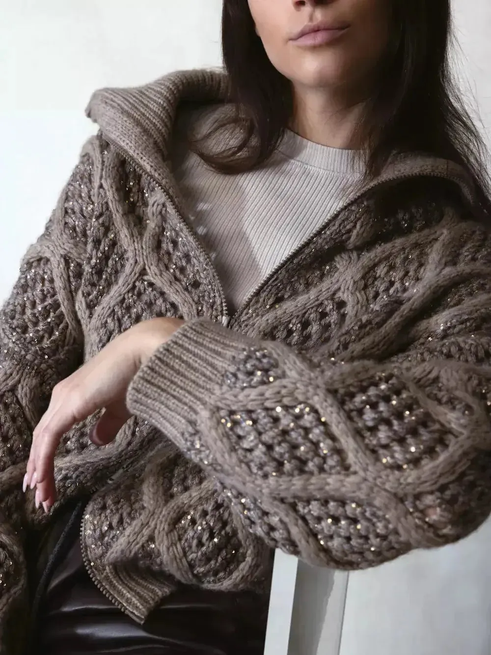 Cashmere Cable and Net Zip-Up Cardigan with Sequin Details