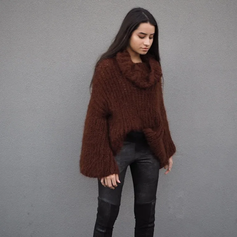 Chunky hand knit sweater with funnel collar - Moss green