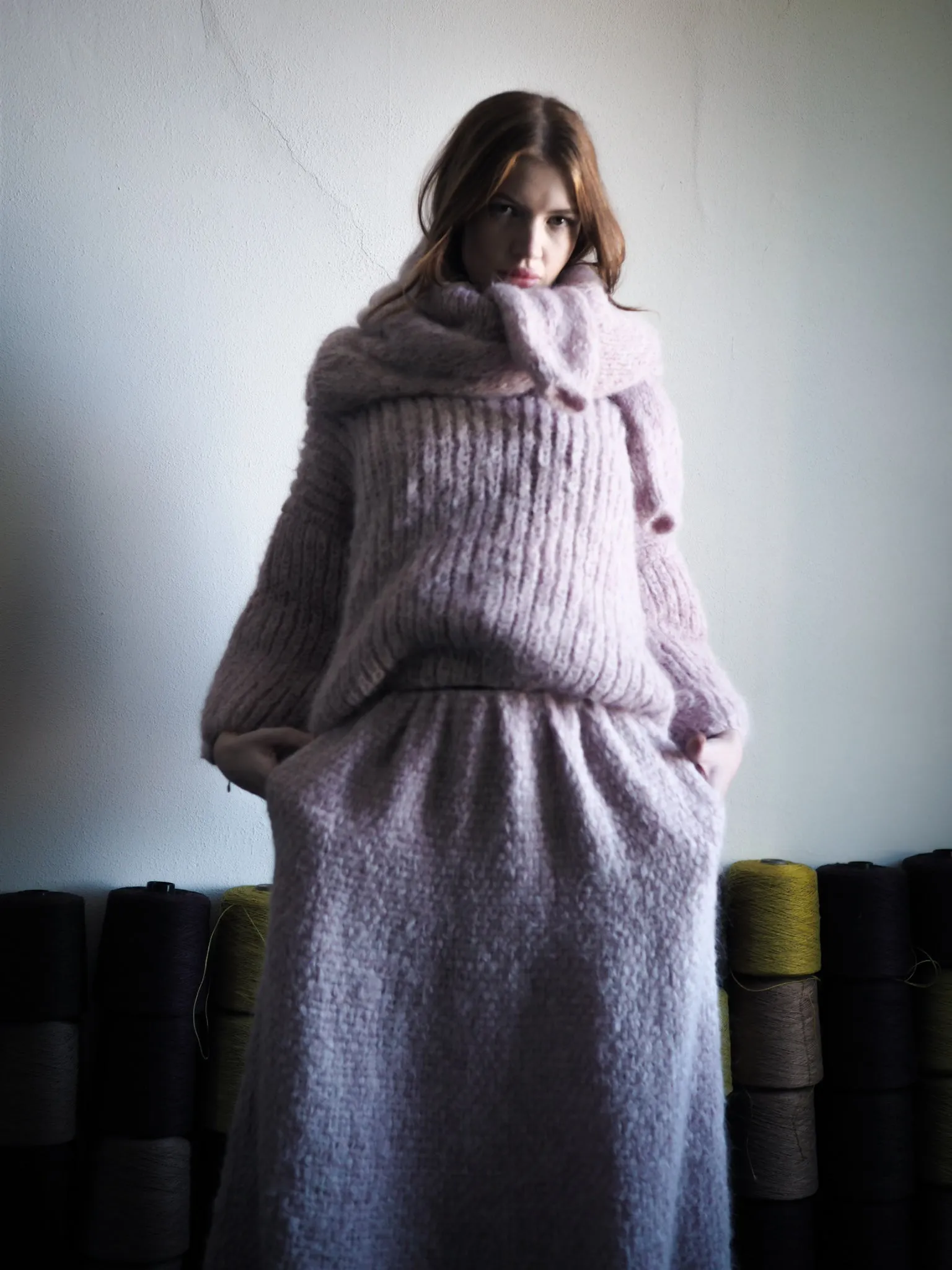 Chunky hand knit sweater with funnel collar - Moss green