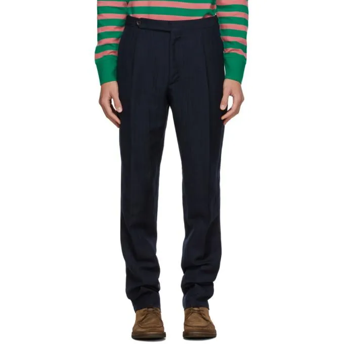 Drakes Navy Wool and Linen Chevron Trousers
