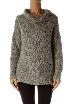Gray Black Cable Knit Cowl Neck Sweater