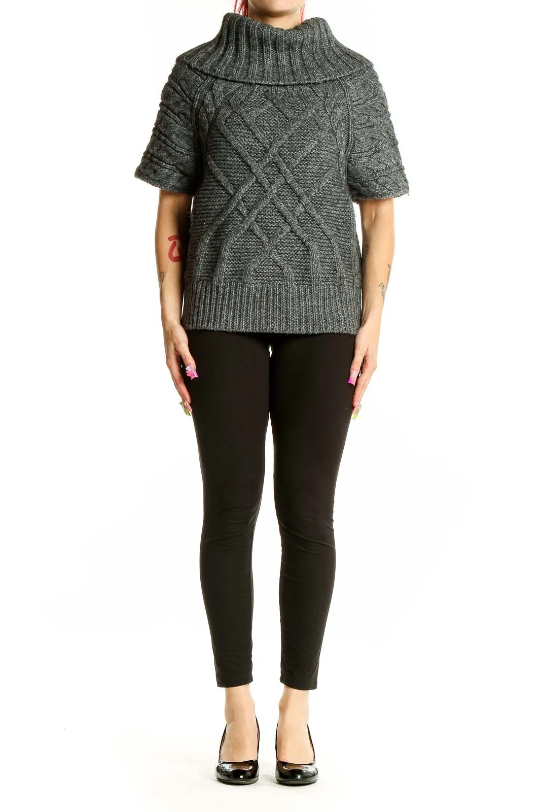 Gray Cable Knit Turtleneck Sweater
