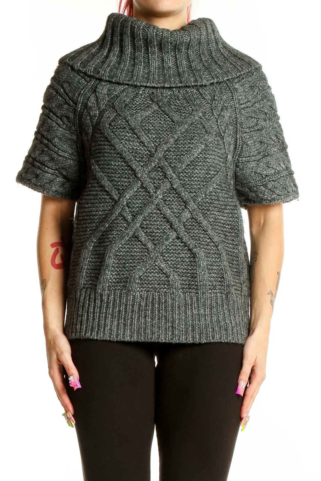 Gray Cable Knit Turtleneck Sweater