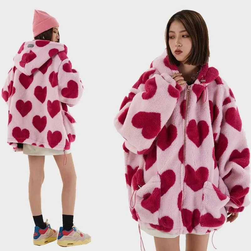 Joskaa Christmas Gift Winter High Street Harajuku Love Printed Rabbit Fur Padded Jacket Men and Women Hong Kong Style Student Hooded Cotton Jacket