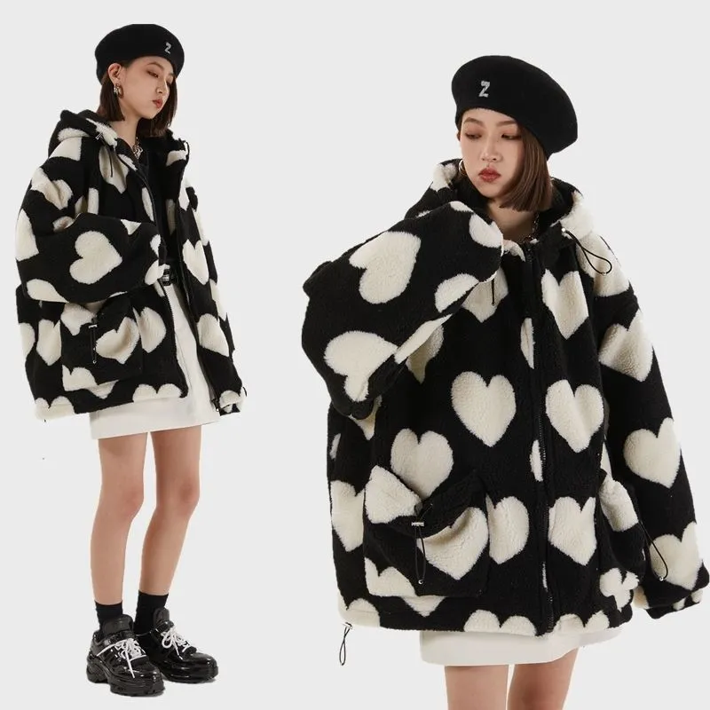 Joskaa Christmas Gift Winter High Street Harajuku Love Printed Rabbit Fur Padded Jacket Men and Women Hong Kong Style Student Hooded Cotton Jacket