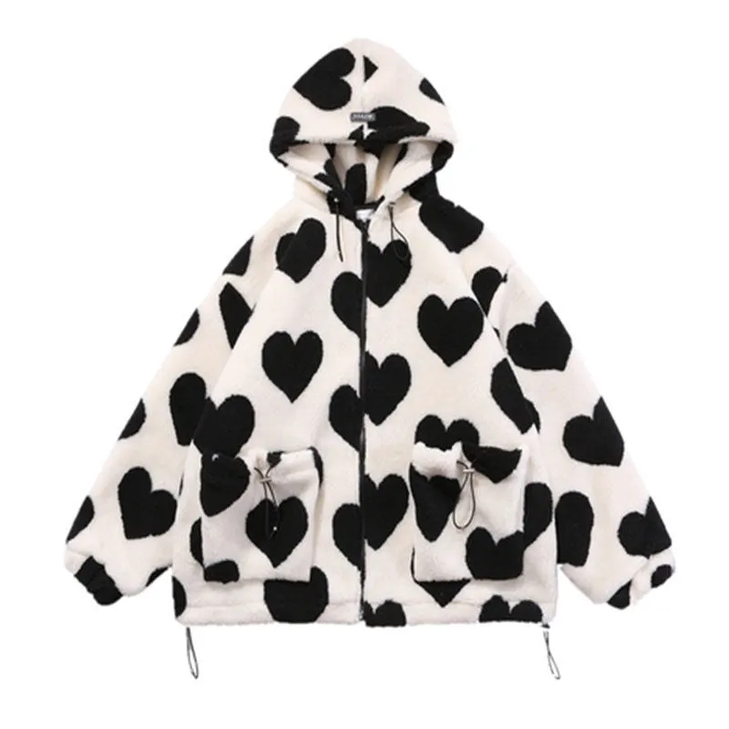 Joskaa Christmas Gift Winter High Street Harajuku Love Printed Rabbit Fur Padded Jacket Men and Women Hong Kong Style Student Hooded Cotton Jacket
