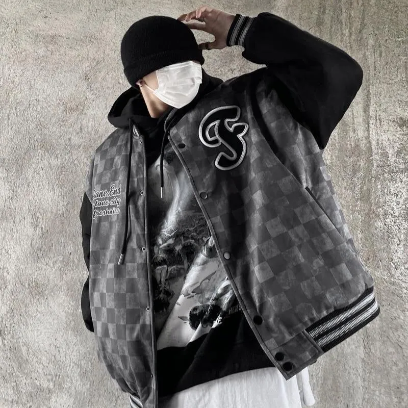 Joskaa Christmas Gift Women Baseball Jacket Couple Retro Jacket Harajuku Style Embroidery Plaid Thick Coat Spring Autumn Clothes Baseball Uniform Coat