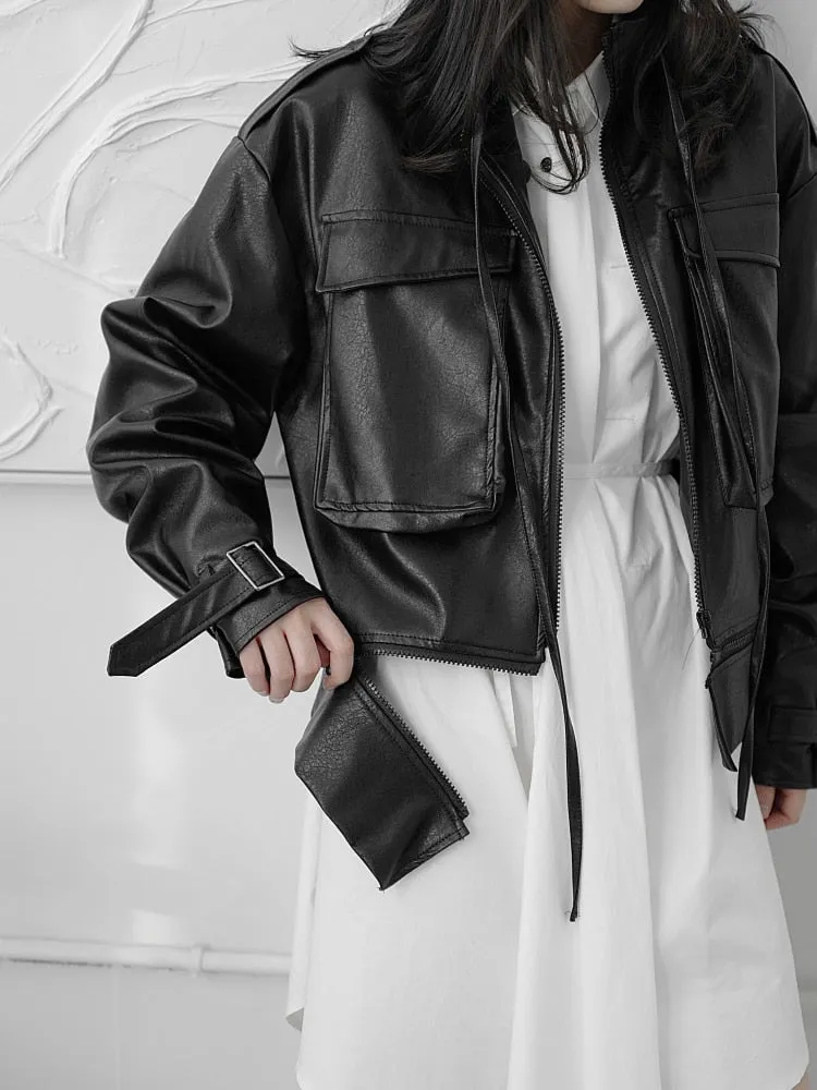 Joskaa Tawaaiw Black Gothic Pu Leather Coats And Jackets Women Long Sleeve Steampunk Streetwear Korean Style Outwear Feminino Harajuku