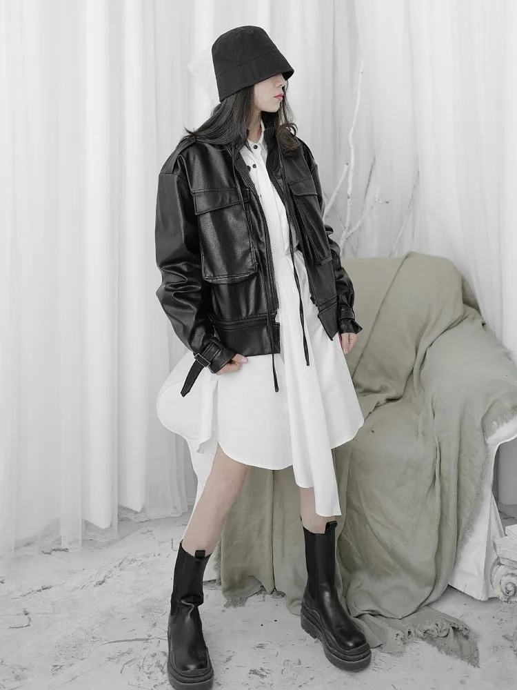 Joskaa Tawaaiw Black Gothic Pu Leather Coats And Jackets Women Long Sleeve Steampunk Streetwear Korean Style Outwear Feminino Harajuku