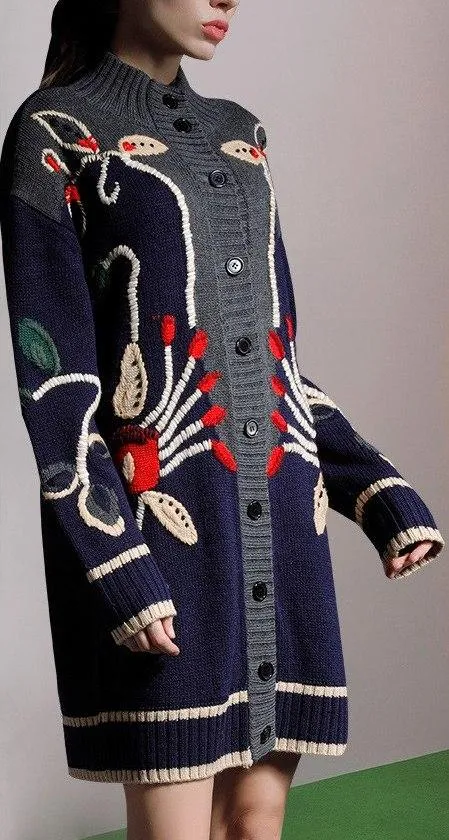 Long Embroidered Wool Knit Cardigan Sweater