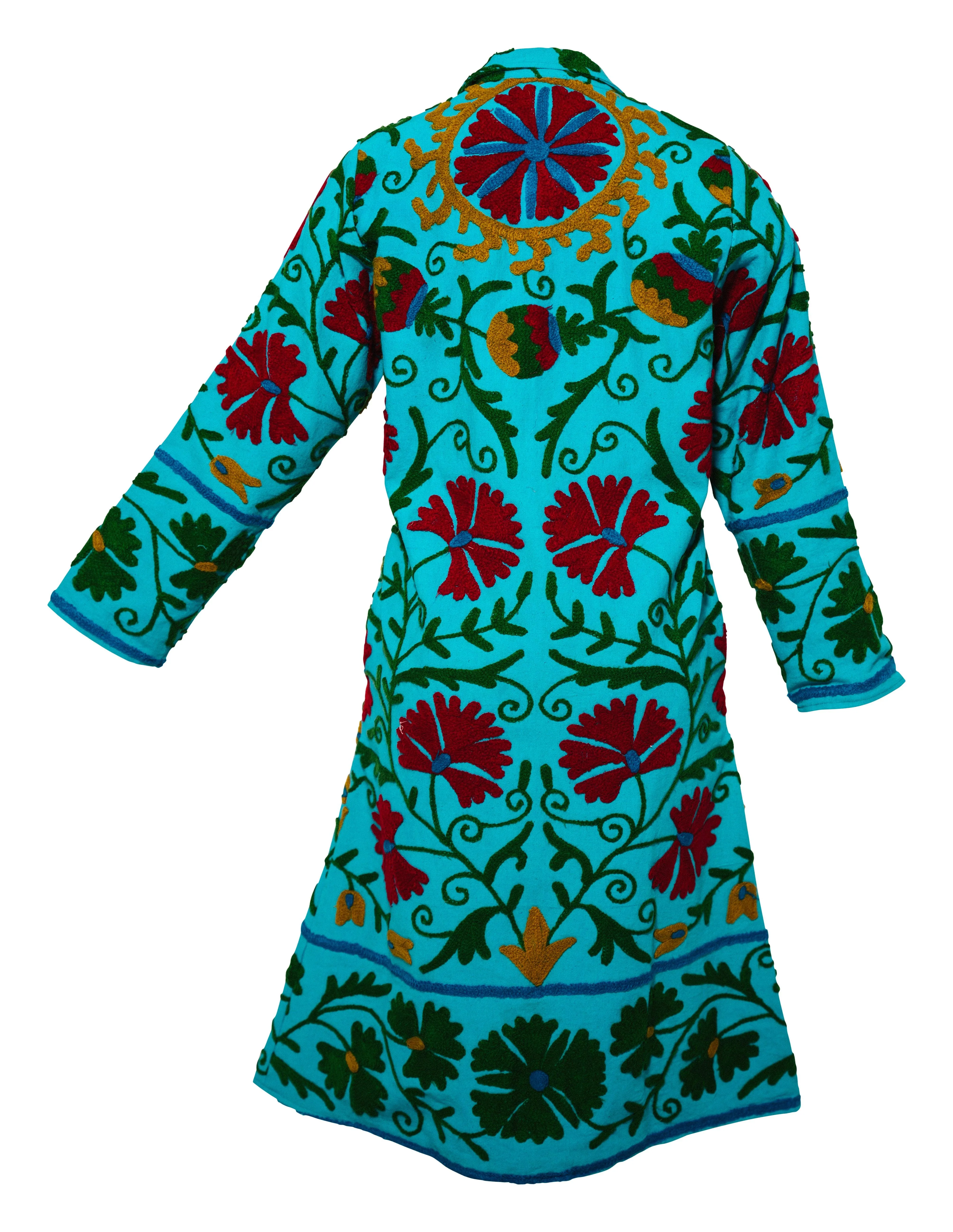 MALIKA COAT - Suzani Embroidery Turquoise Blue With Green Embroidery