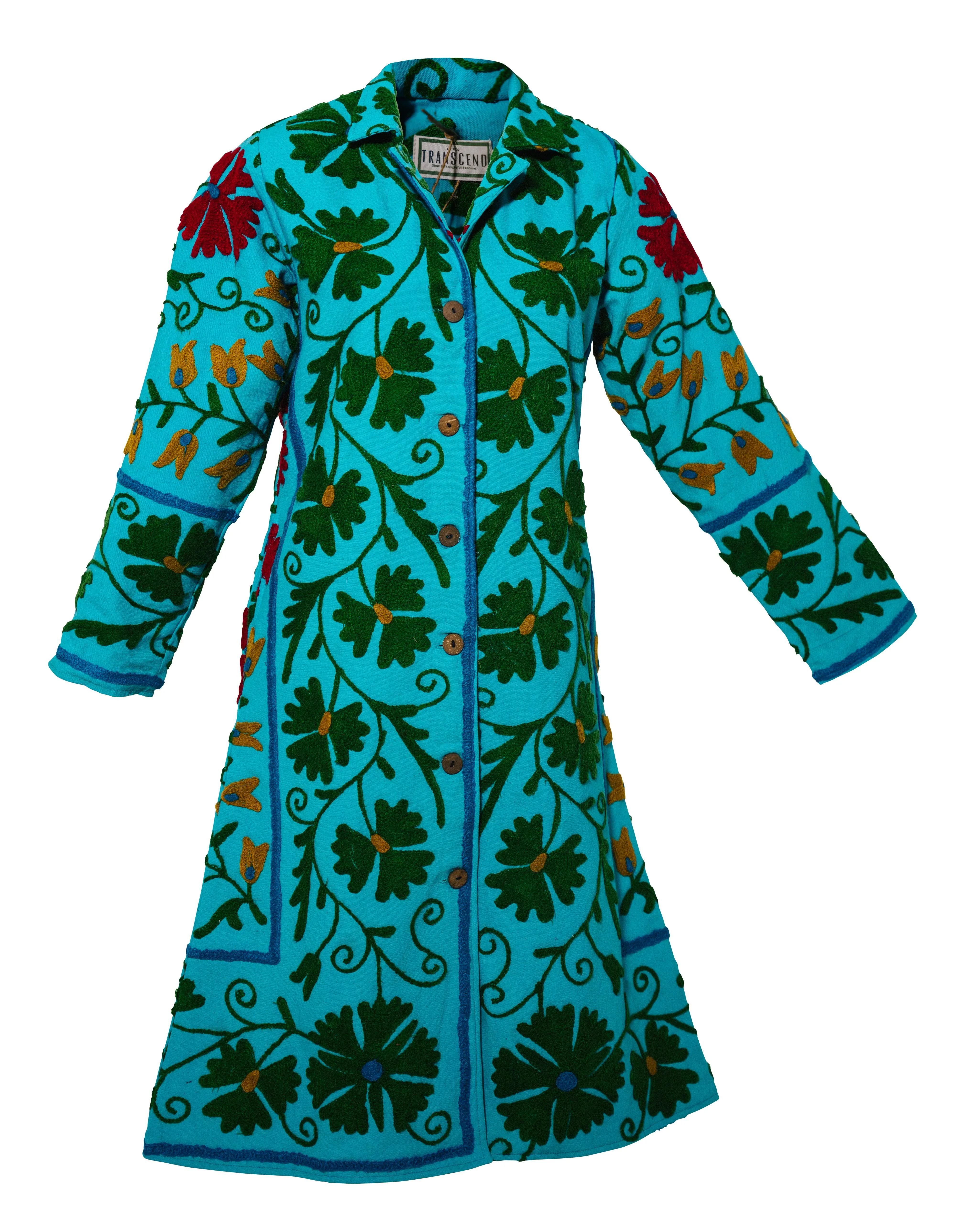 MALIKA COAT - Suzani Embroidery Turquoise Blue With Green Embroidery