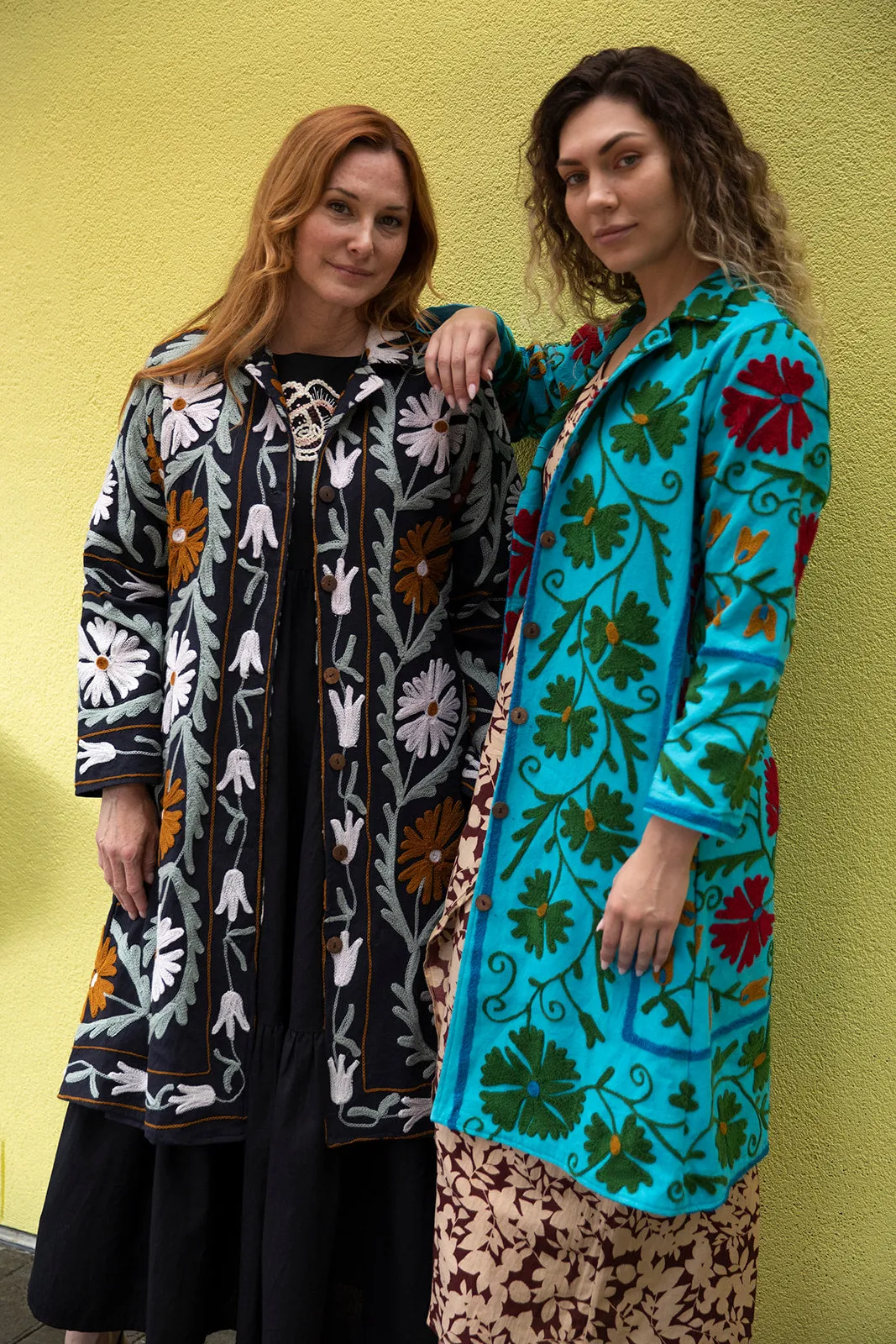 MALIKA COAT - Suzani Embroidery Turquoise Blue With Green Embroidery