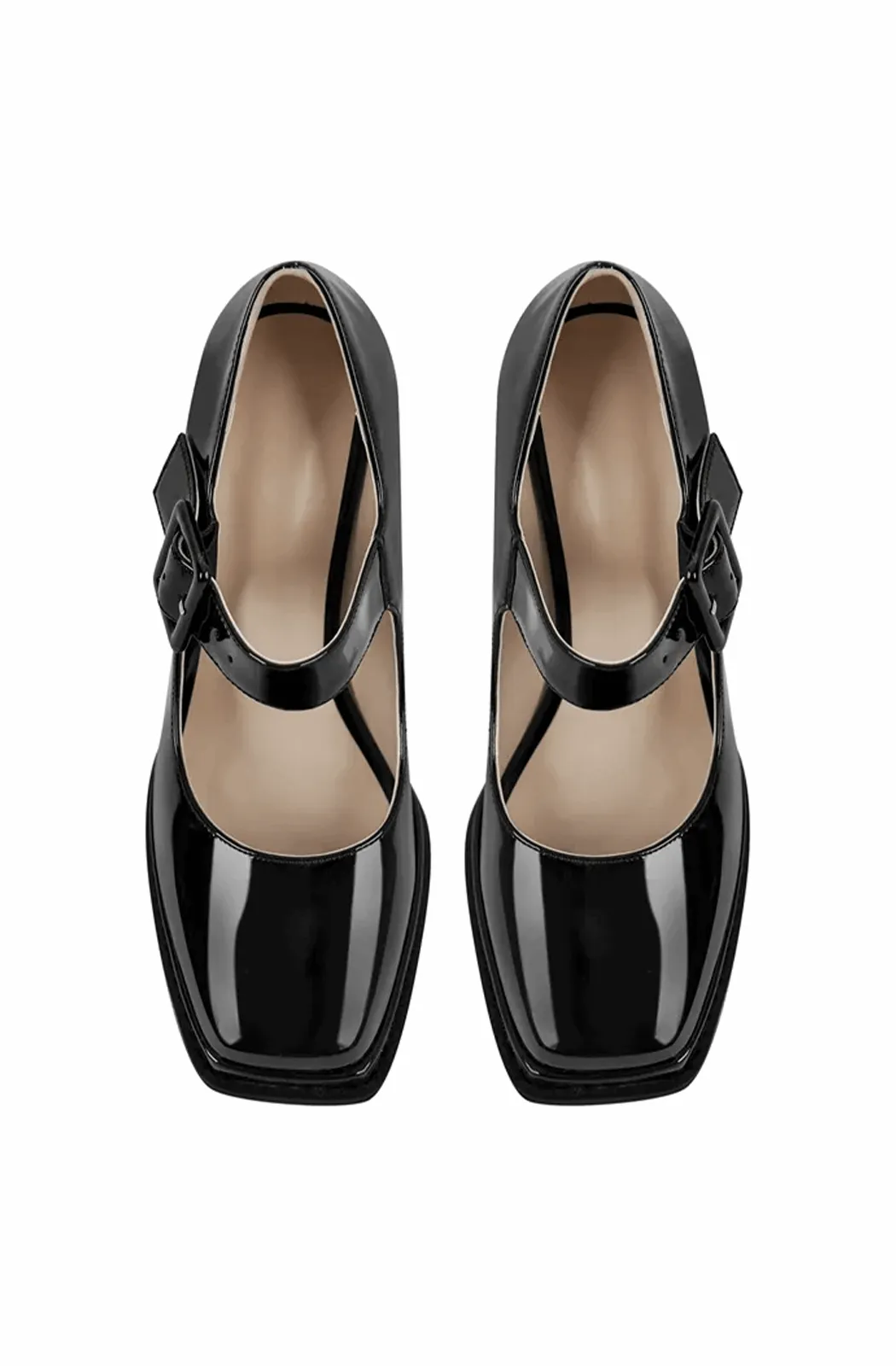 Patent leather square toe Mary Jane buckle strap chunky heel pumps