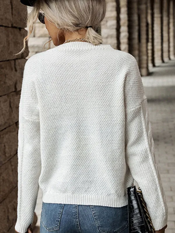 Solid Knitted Cable Drop Shoulder Sweater