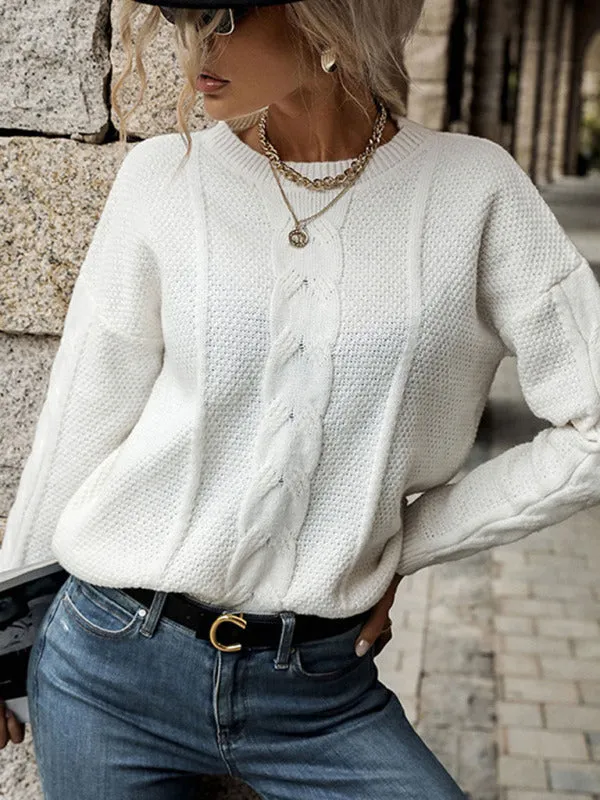 Solid Knitted Cable Drop Shoulder Sweater