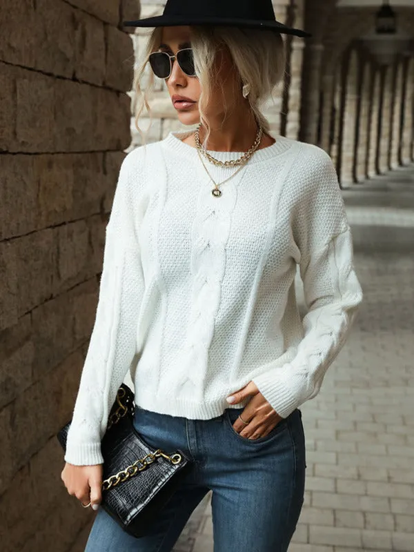 Solid Knitted Cable Drop Shoulder Sweater
