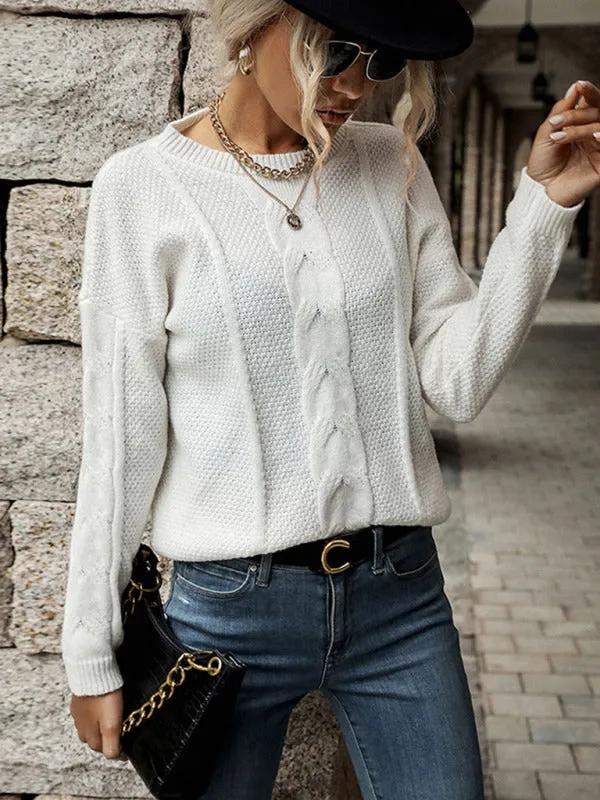 Solid Knitted Cable Drop Shoulder Sweater