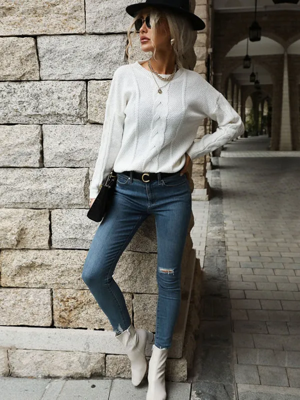 Solid Knitted Cable Drop Shoulder Sweater