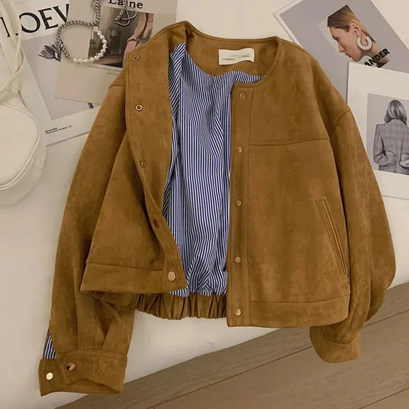 Suede Long Sleeve Flight Suit Single Breasted Loose Vintage Coats