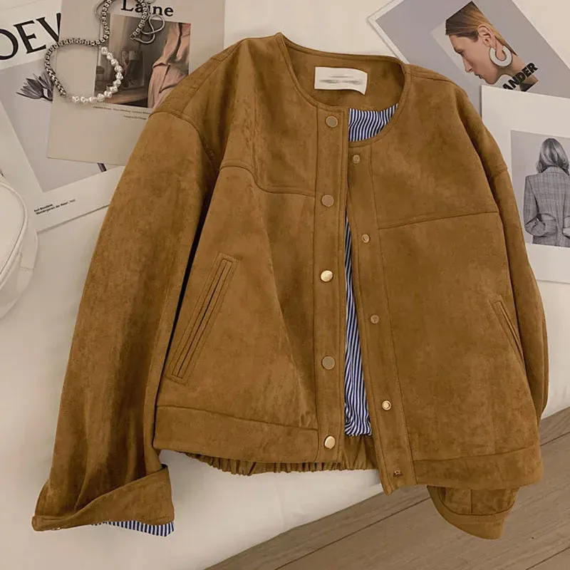 Suede Long Sleeve Flight Suit Single Breasted Loose Vintage Coats