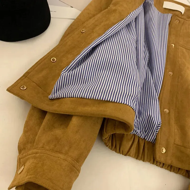 Suede Long Sleeve Flight Suit Single Breasted Loose Vintage Coats