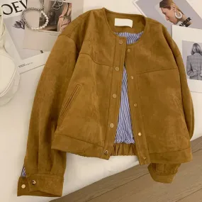 Suede Long Sleeve Flight Suit Single Breasted Loose Vintage Coats
