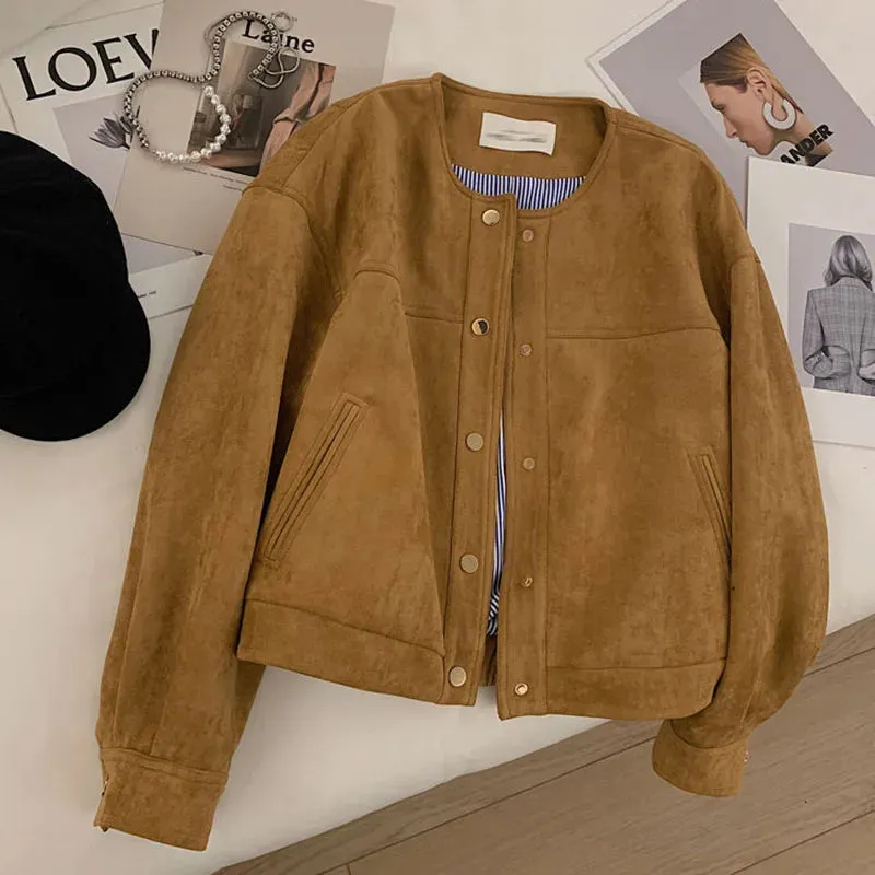 Suede Long Sleeve Flight Suit Single Breasted Loose Vintage Coats