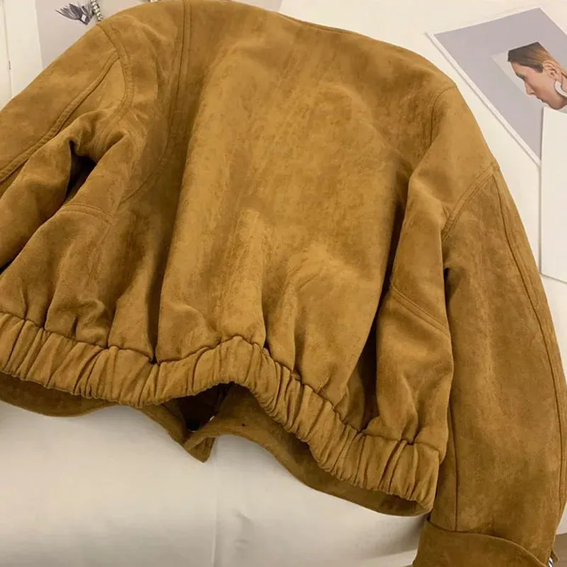 Suede Long Sleeve Flight Suit Single Breasted Loose Vintage Coats