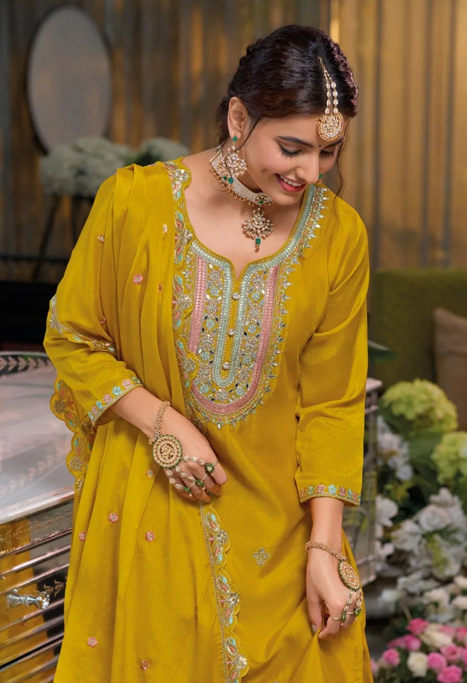 Women's Designer Safroon Hevey Chinon with Emboidery Work Sharara Salwar Suit