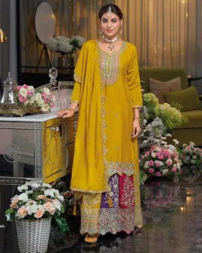 Women's Designer Safroon Hevey Chinon with Emboidery Work Sharara Salwar Suit