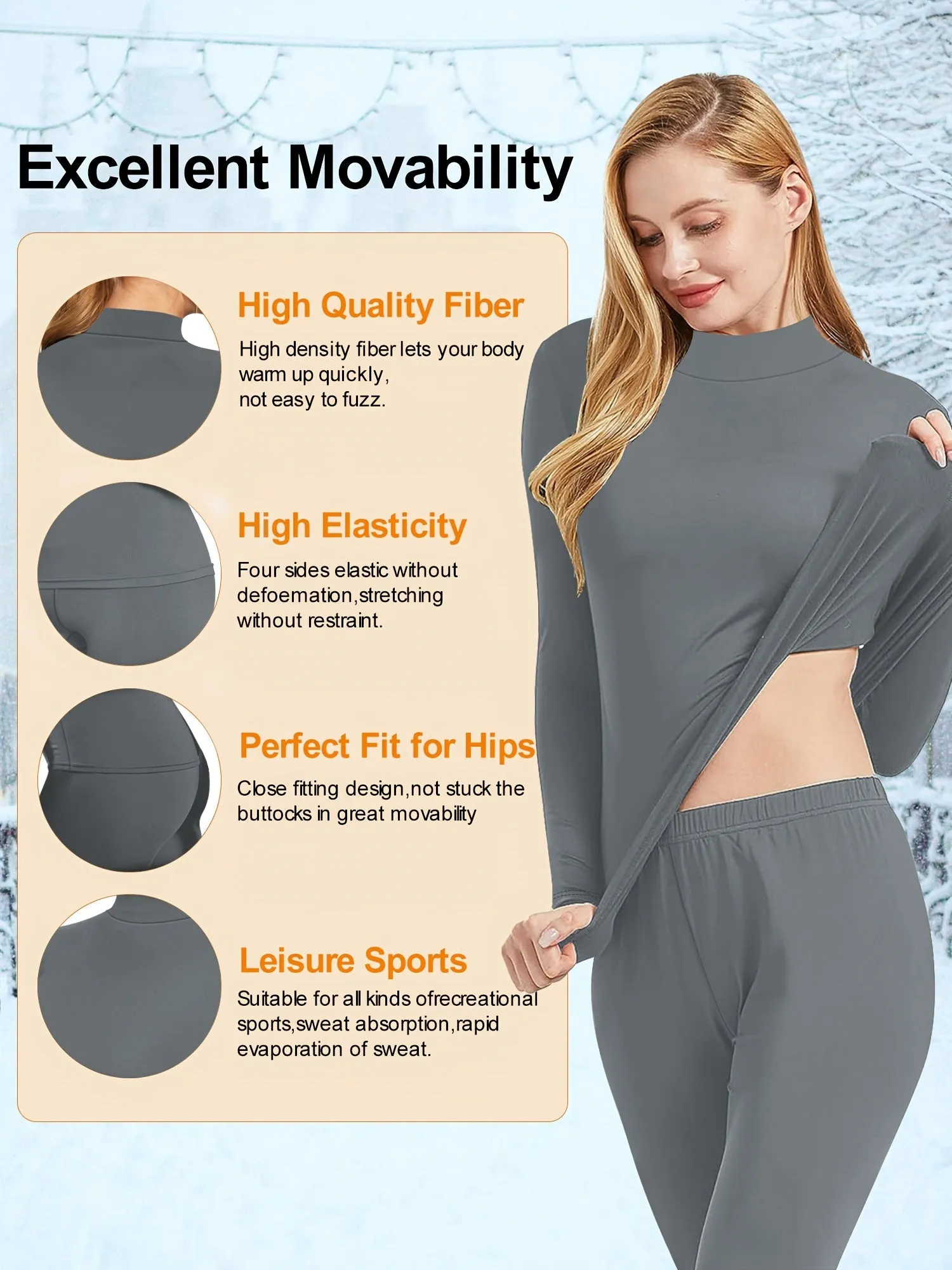 Women's Plus Size High-Neck High Elastic Thermal Sports Set - Ultra Soft Warm Base Layer - Long Sleeve Top And Pants