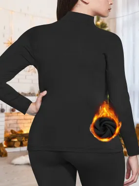 Women's Plus Size High-Neck High Elastic Thermal Sports Set - Ultra Soft Warm Base Layer - Long Sleeve Top And Pants