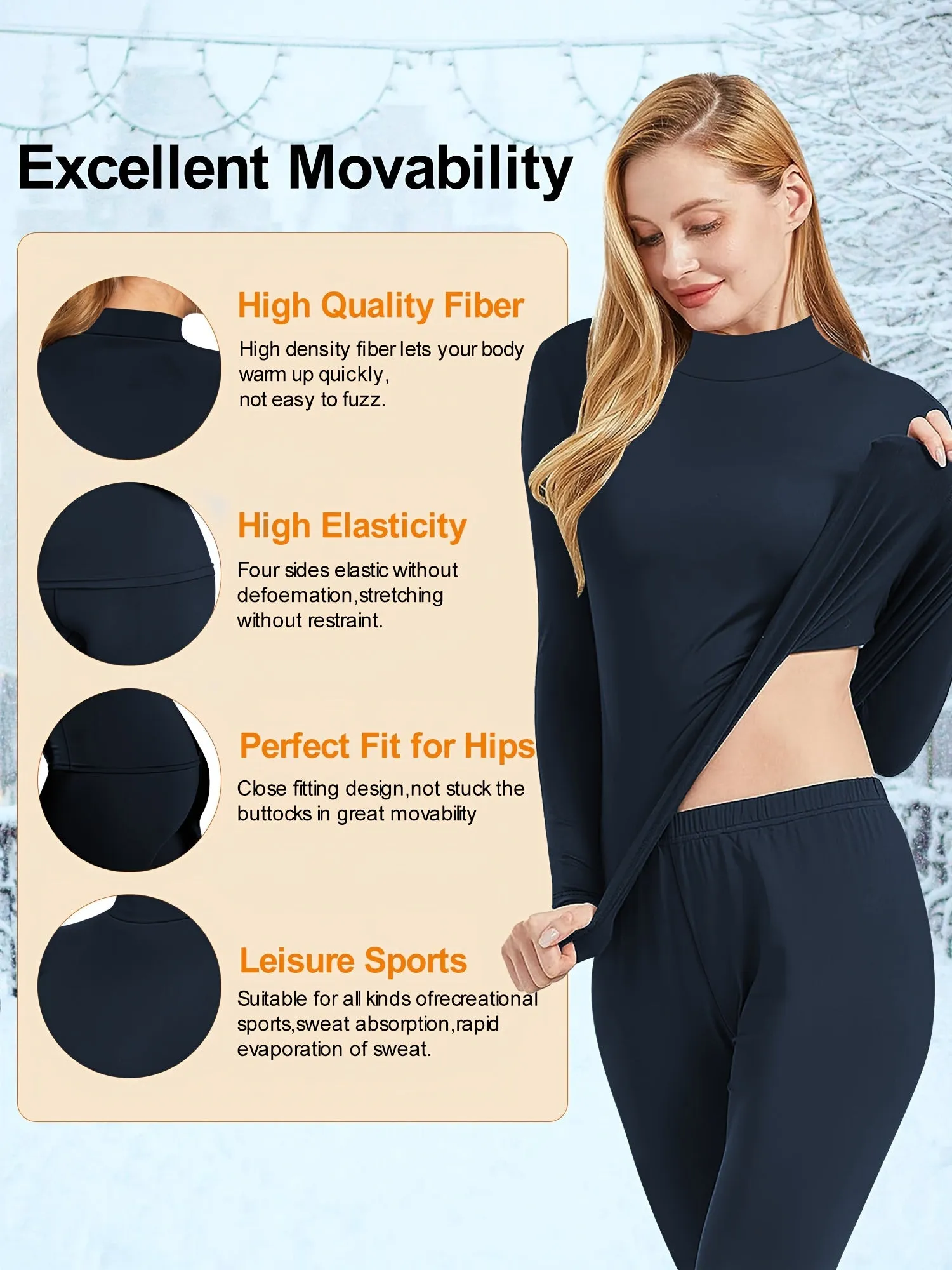 Women's Plus Size High-Neck High Elastic Thermal Sports Set - Ultra Soft Warm Base Layer - Long Sleeve Top And Pants