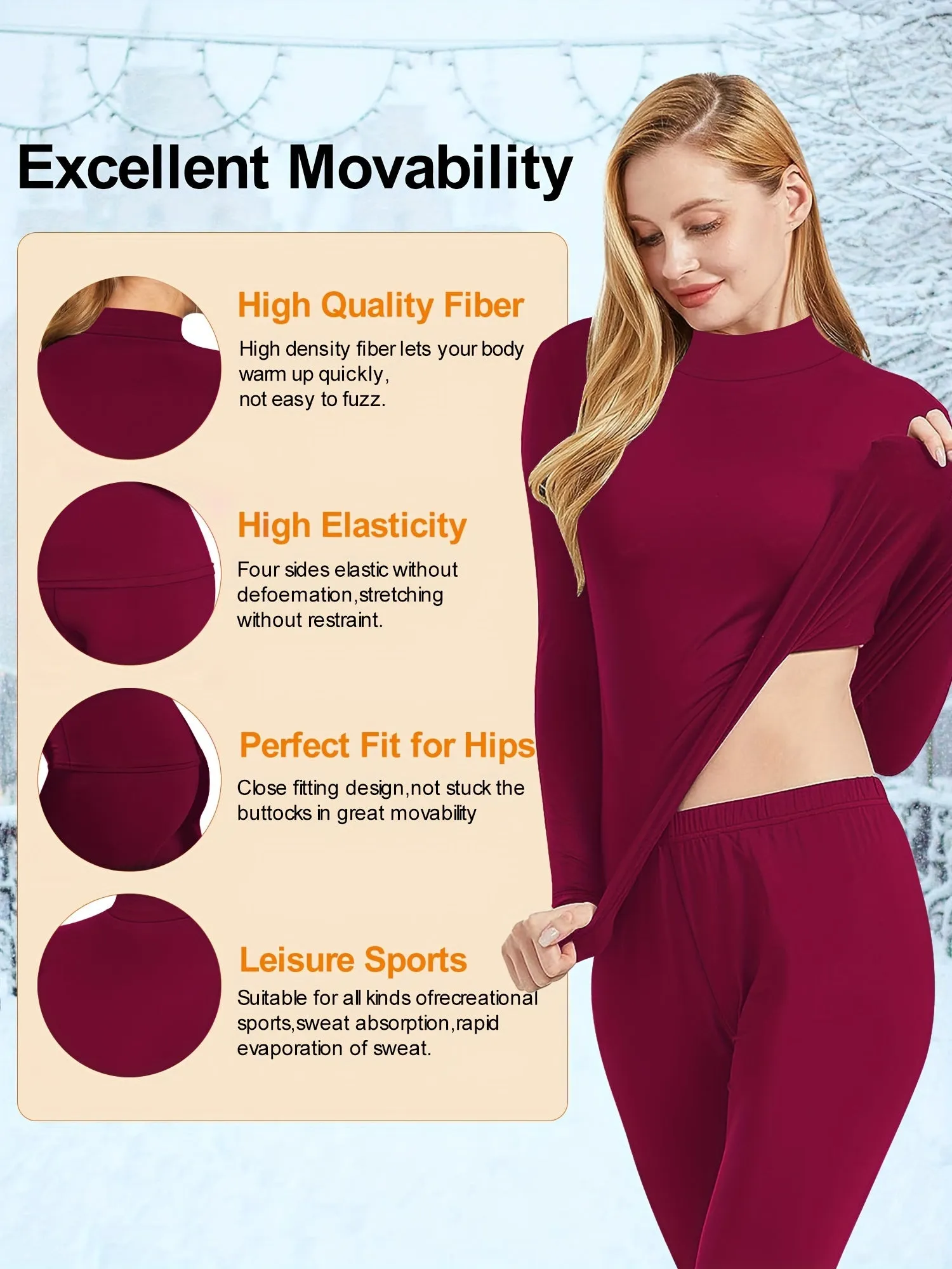Women's Plus Size High-Neck High Elastic Thermal Sports Set - Ultra Soft Warm Base Layer - Long Sleeve Top And Pants