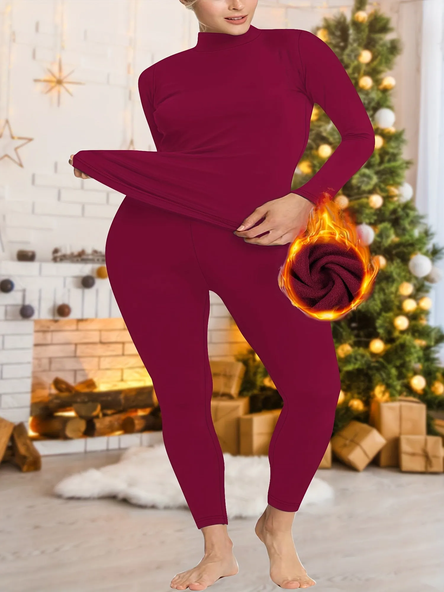 Women's Plus Size High-Neck High Elastic Thermal Sports Set - Ultra Soft Warm Base Layer - Long Sleeve Top And Pants